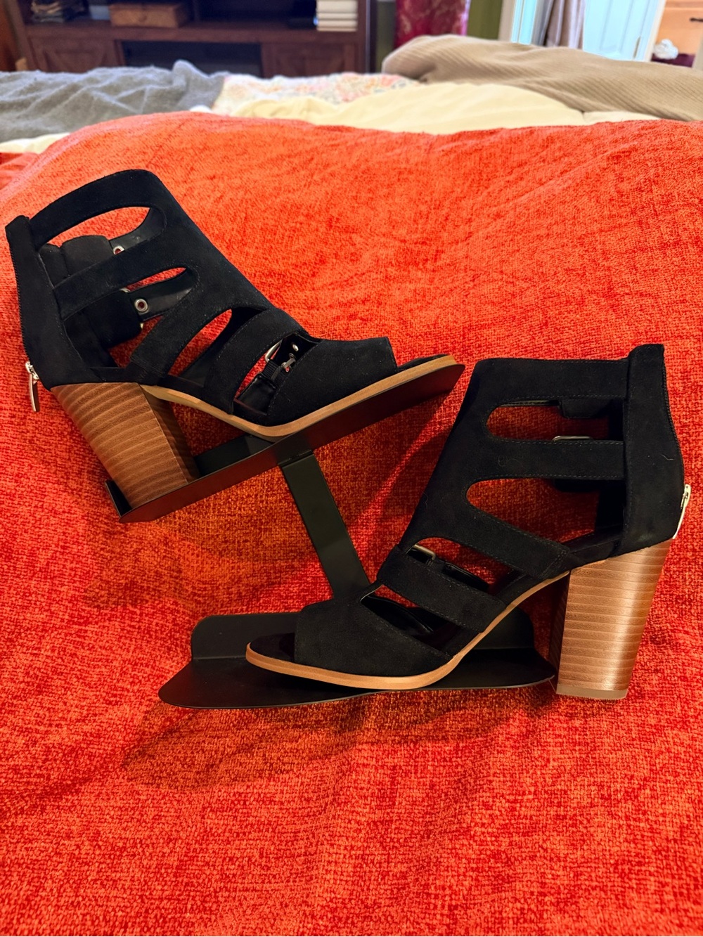 Black Marc Fisher Suede Cutout Block Heel Gladiator Sandals - Women